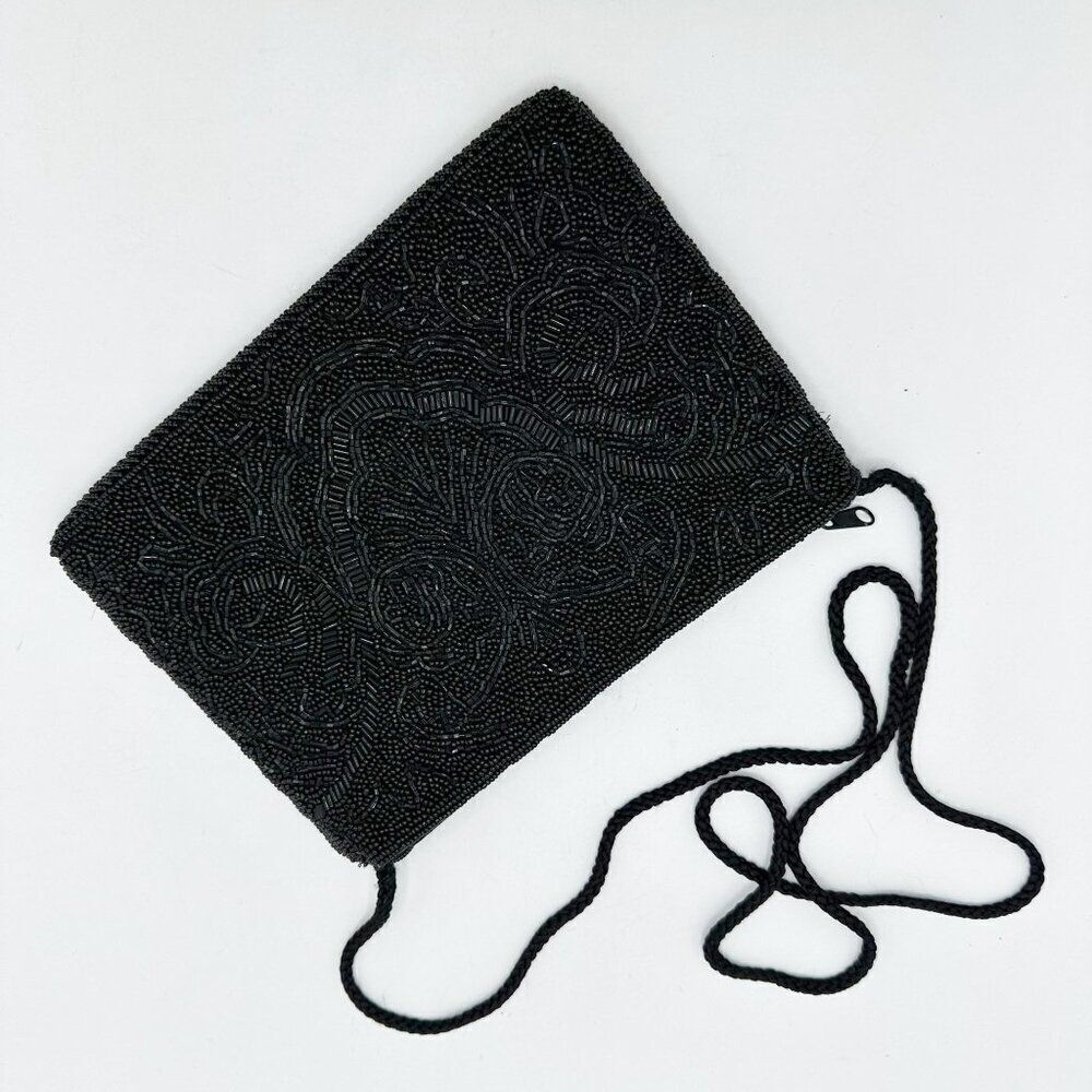 Vintage Hastings & Smith Black Beaded Clutch Purse With‎ Strap 9"x6"x0.5"